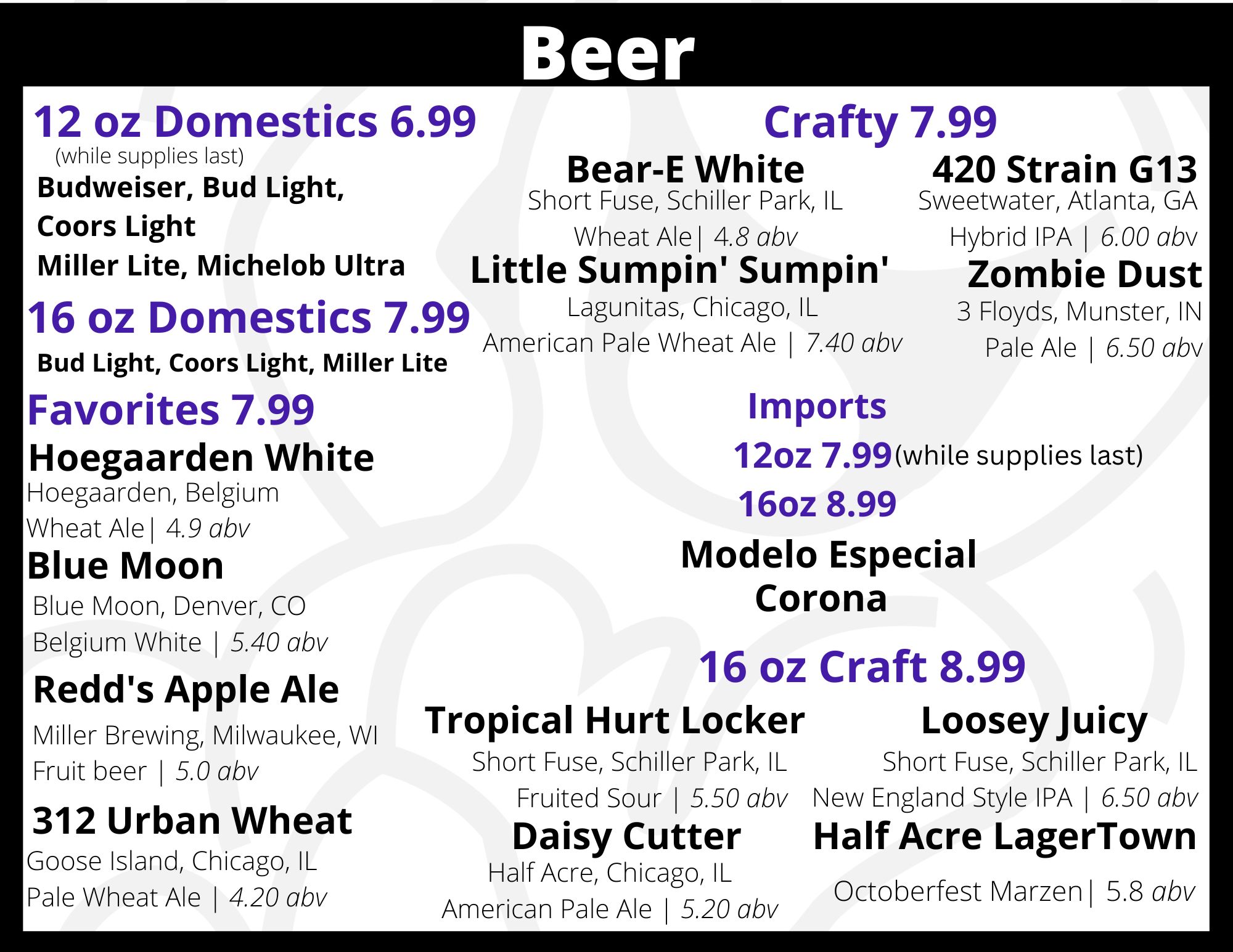 Menu | Zanies Rosemont Comedy Club