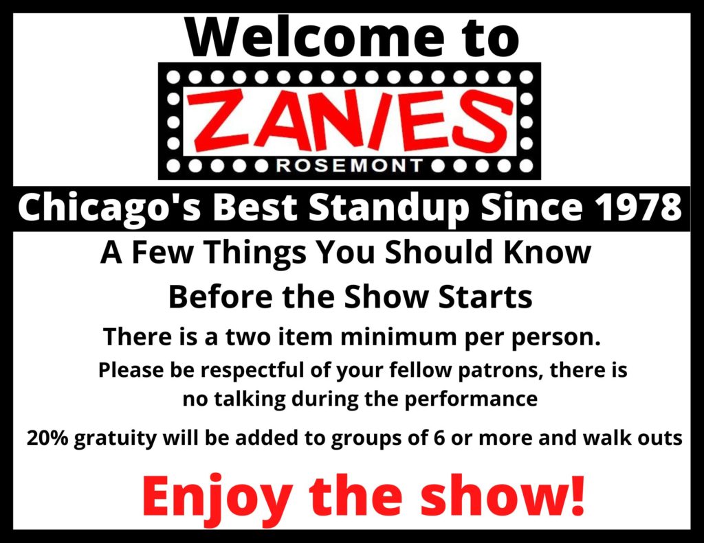 Menu Zanies Rosemont Comedy Club
